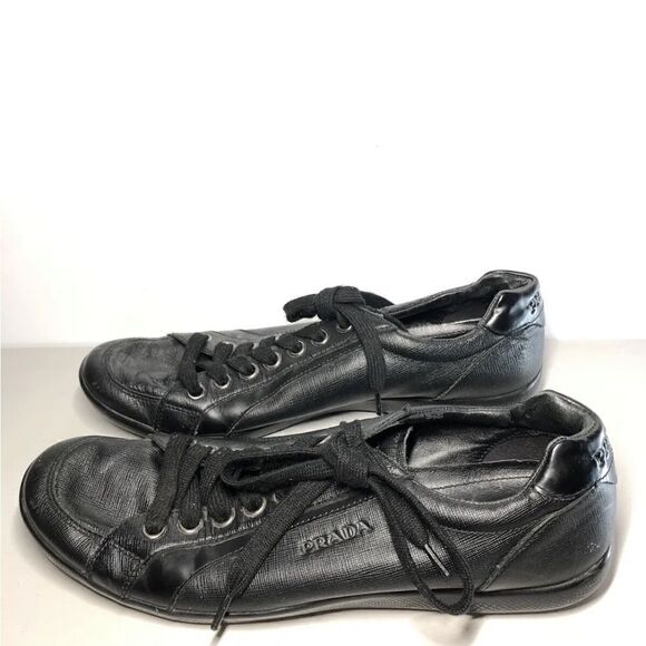 Prada Black Leather Lace Up Casual Low Top Sneaker Shoes Men’s Sz 10.5M US/44EU - Picture 3 of 14